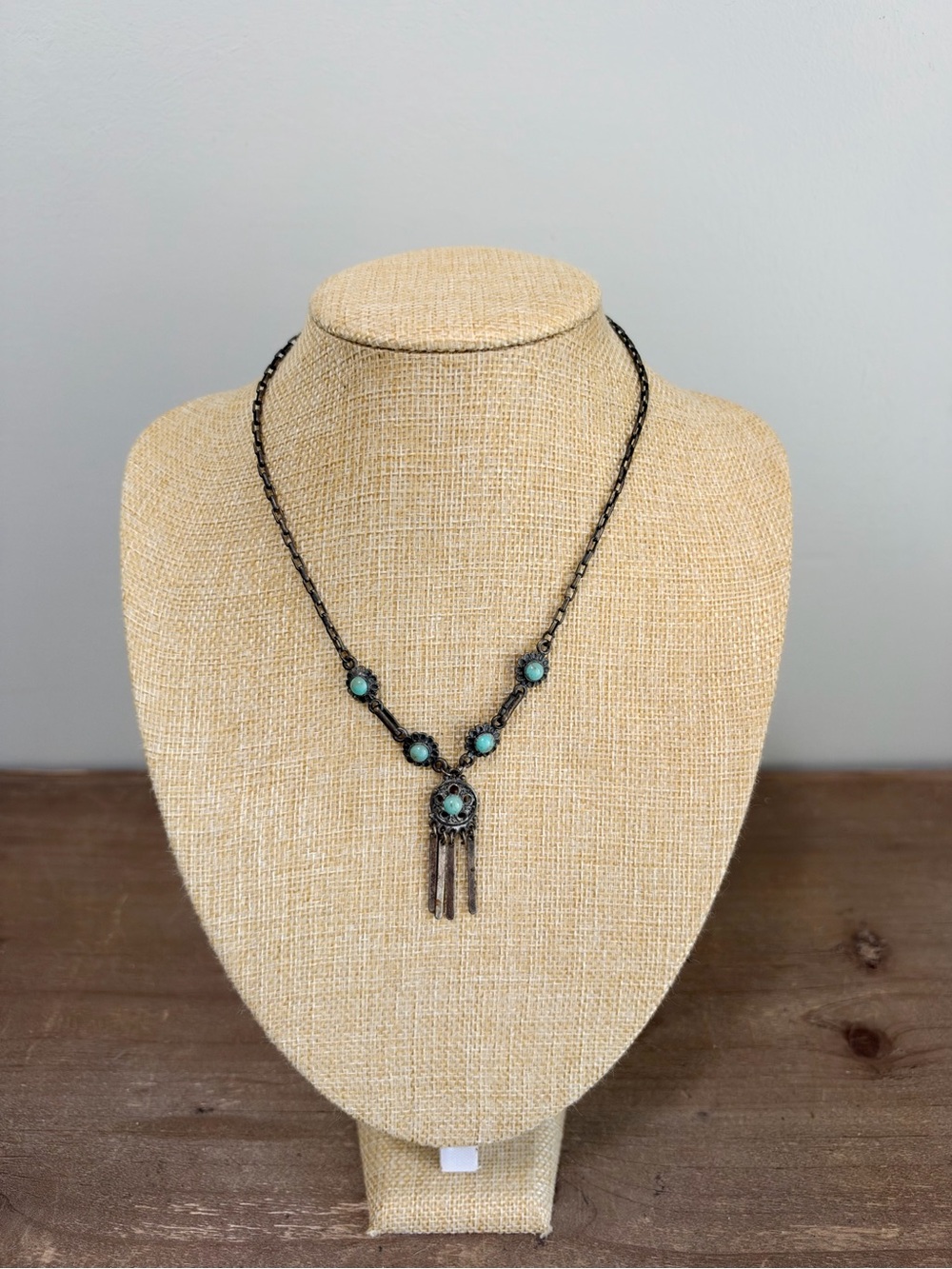 Turquoise Color Cabochon Antiqued Silver Tone Fringe Necklace Signed AE